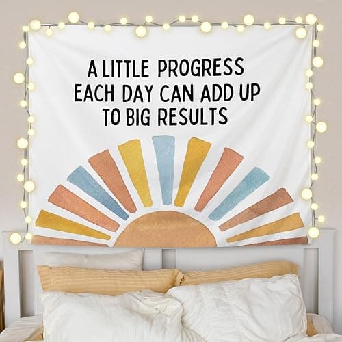 URLLUAE Boho Sun Inspirational Tapestry, Motivational Wall Decor, Positive a Little Progress Each Day Wall Tapestry Backdrop for Kids Room Home Office Classroom Decoration, 50x60 Inch - Image 1