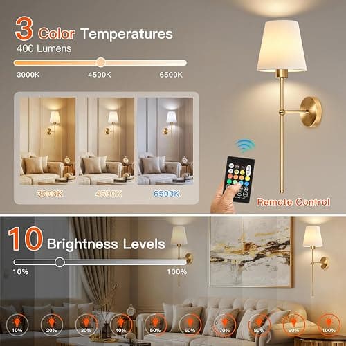 Ketom 2 Stück Wandleuchte Innen Akku, Wandlampe Innen LED Dimmbar, LED Wandleuchte Kabellos mit Fernbedienung, Timerfunktion, 3 Farbtemperaturen, 8 RGB Farben, Wandleuchte Ohne Stromanschluss, Gold thumbnail 3