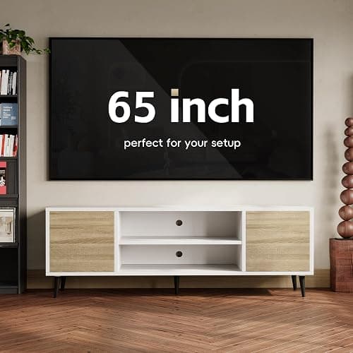 YESHOMY Modern TV Stand for 65" Television, Entertainment Center with Two Storage Cabinets and Open Shelves, Retro Style Media Console for Living Room, Bedroom, Office, 58 Inch, White and Beige thumbnail 5
