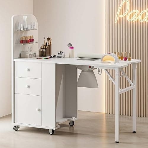 Paddie Foldable Manicure Nail Table with Glass Shelf, Folding Nail Tech Desk w/Dust Collector, 2 Open Shelves & 2 Drawers, Wrist Pad, Lockable Wheels, Storage Desk for Nail Tech(White) - Image 1