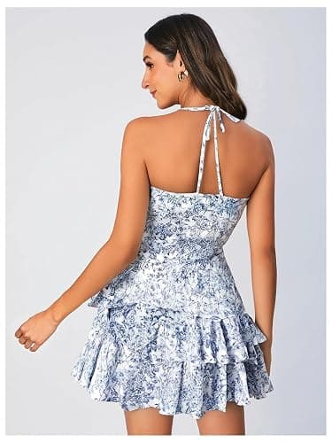 Floerns Women's Floral Halter Ruffle Tiered Cute Summer Mini Dress Milkmaid Vacation Sundress thumbnail 4