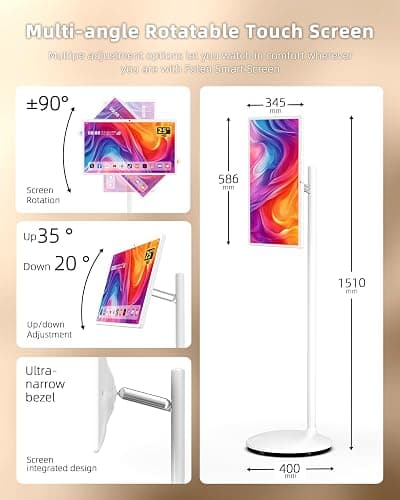 25" Portable TV, 1080P HD Smart Screen with Android 13 OS, 13MP HD Build-in Camera with Privacy Cover, 6G+128GB Storage, 10W Stereo Speakers, Rolling Monitor on Wheels, Multiple Usage Scenarios, White - 6+128 GB thumbnail 5