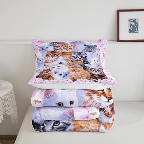 Feelyou Kids Cartoon Toddler Bedding Set Cute Animal Flowers Comforter Set Boys Girls Pink Comforter Cat Decor Quilt Set with 1 Pillowcase 2Pcs Twin Bedding thumbnail 3