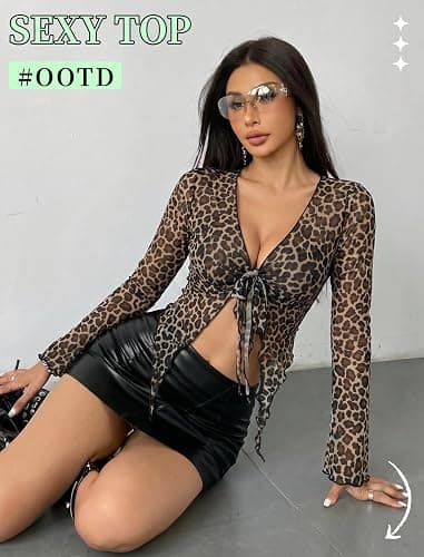 Avidlove Women Mesh Crop Top Y2K Tie Front Tops Rave Top Sheer Cardigan | Plunge tie front top, lettuce trim edge, flared cuff sleeve, soft sheer mesh, chic edgy look, rave club party vacation outfit thumbnail 4