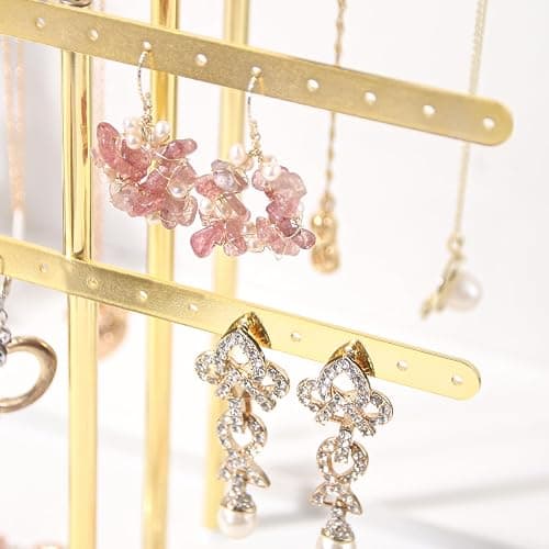 Necklace Bracelet Earring Holder Stand, Multi-Use Jewelry Display Organizer with Tray, T-Bar Metal Jewellery Organizer Stand, Jewelry Hanger Tower Rack for Women (Gold) thumbnail 6