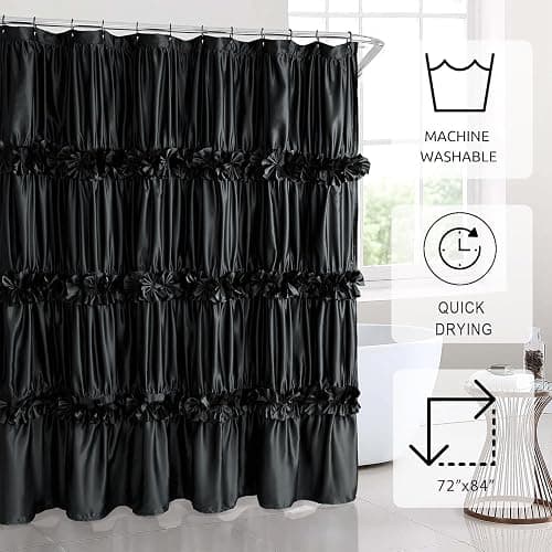 Homechoice Decor Black Ruffle Shower Curtain, Vintage Handcrafted Bow Tie Bath Curtain for Master Bathroom, Ruched Satin Bathroom Curtain with 12 Buttonholes, 72" W x 84" H (LQ-10) - Black - 72"W x 84"L (Pack of 1) thumbnail 5