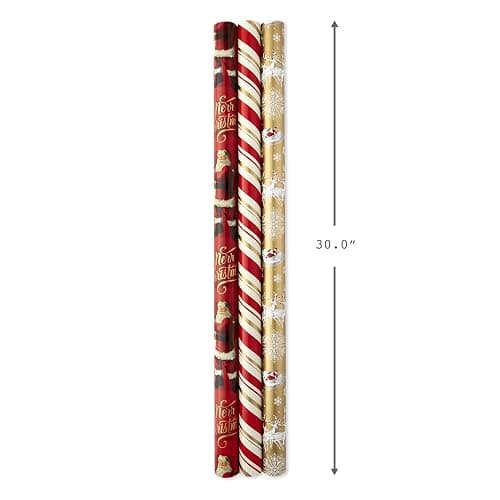 Hallmark Christmas Wrapping Paper Rolls - Traditional Holiday Gift Wrap Paper (Set of 3 Reversible Rolls: 120 sq. ft. Ttl) Red and Gold Snowflakes, Stripes, Plaid, Santa's Sleigh thumbnail 3