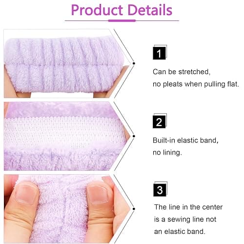 VELSCRUN Spa Headbands for Wash Face, Makeup Headband, Facial Skincare Headbands, 5 Pcs Purple Colourful Puffy Sponge Spa Headband Bow Tie Hair Band Hair Clips Wristband Set Women Girls Accessories thumbnail 7