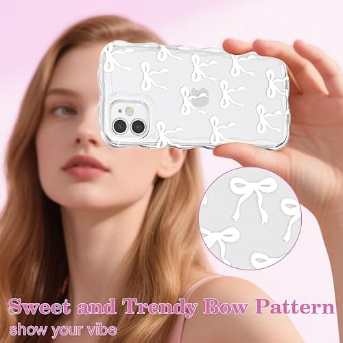 QLTYPRI Bow Case for iPhone 12, Cute Ribbon Bows Wavy Curly Frame Clear Phone Case for Girls Women, Aesthetic Bowknot Transparent Soft Silicone TPU Bumper Shockproof Protective Cover - White thumbnail 2