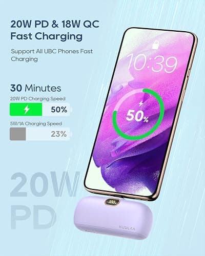 Kuulaa Portable Charger USB C with Built-in USB-C Plug, 5000mAh PD20W Fast Charging Power Bank, LCD Digital Display Battery Pack for iPhone 15/16,Samsung S22/S23 & Android (Purple) thumbnail 2