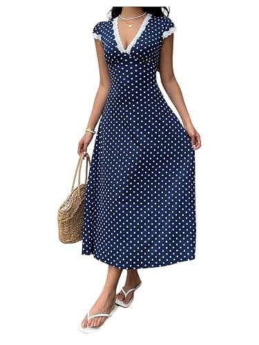 Milumia Women's Polka Dots Lace Trim V Neck Dress Short Sleeve Long Dresses | Cinched Waist, Elegant, Flowy, Sundress, Summer, Spring, Flared, Going Out, A‑Line,Church Dresses - Image 1