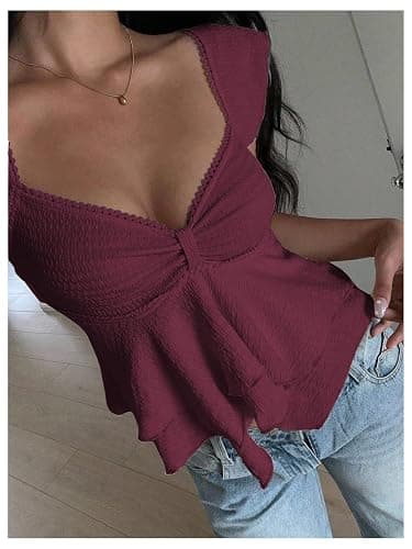 RoseSeek Women's Flowy Going Out Tank Top Sweetheart Neck Cap Sleeve Summer Ruffle Elegant Crop Tops thumbnail 3