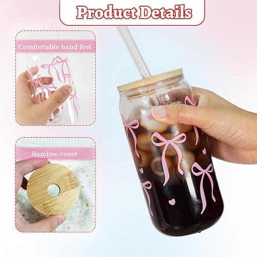 Mason Life Coquette Pink Bow Cute Glass Cups with Lids and Straw 18OZ Cute Tumbler Glass Cup with Keychain and Straw Cover for Iced Coffee Smoothie Cocktail Matcha Teen Girls Trendy Gift Preppy Stuff - Canglass-Cherry-bow thumbnail 4