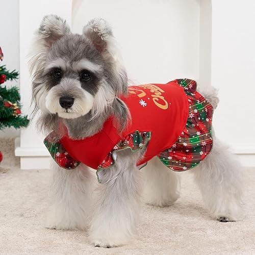 XPUDAC 4 Pack Christmas Dog Dress Plaid Puppy Clothes for Small Dogs Girl Cute Pet Outfit Doggy Apparel Cat Holiday Party Costume, Red, Green, M thumbnail 6