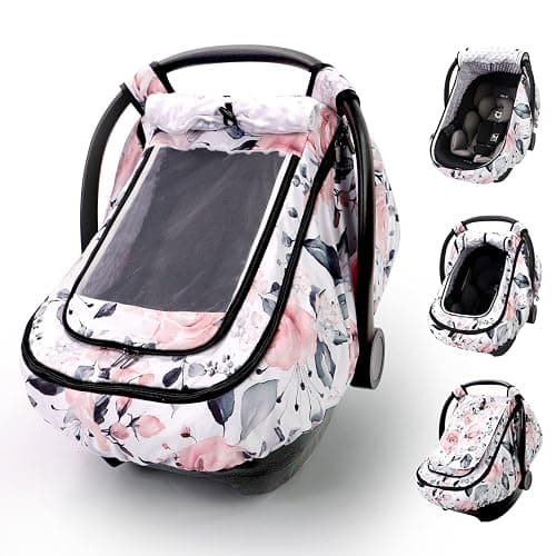 Sweetwavet Car Seat Cover Baby Girls, Infant Car Seat Canopy Outdoor, 2 Layers with Mesh and Sun Shade Window for Summer Winter, Easy Access Carseat Covers Snug Fit Baby Stroller - Pink Floral - Image 1