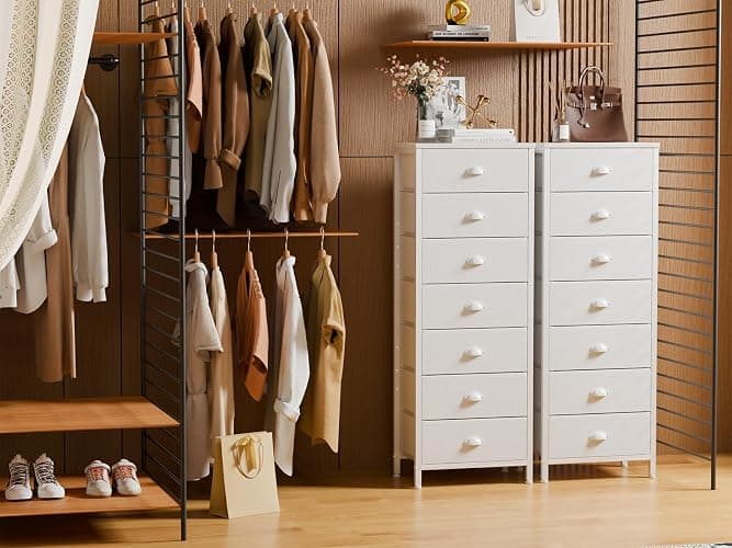 Furnulem White Tall Dresser for Bedroom with 7 Drawers, Vertical Chest of Drawer in Closet, Nightstand Storage Tower Unit Organizer with Fabric Bins for Dorm,Living Room,Entryway,Hallyway - White - 11.4"D x 15.8"W x 47.5"H (7 Drawers) thumbnail 2