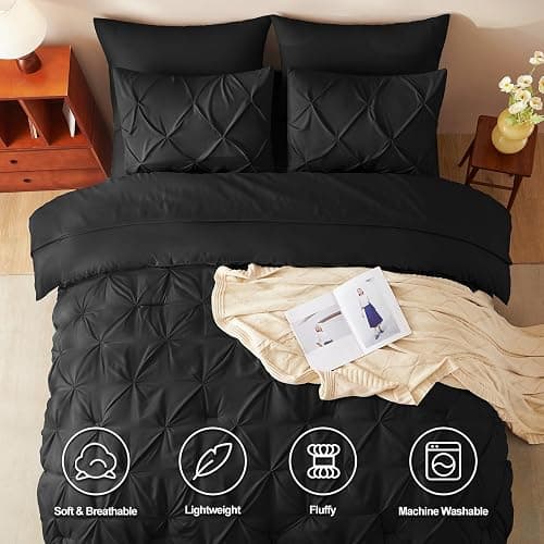 CozyLux Twin Comforter Set with Sheets Black, 5 Pieces Pintuck Bed in A Bag, Twin Bed Set Gift for Family, Pinch Pleat Bedding Set with Comforter, Sheets, Pillowcase & Sham thumbnail 2