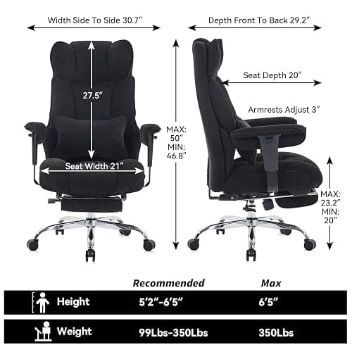 Efomao Executive Office Chair, Soft-Cushioned Computer Chair with Foot Rest, Fabric Home Office Desk Chairs, Big and Tall Office Chairs, Black thumbnail 2