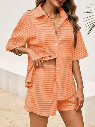 Tankaneo Womens Striped 2 Piece Sets Short Sleeve Button Down Shirt and Shorts Waffle Knit Pajama Lounge Set Summer Outfits thumbnail 2