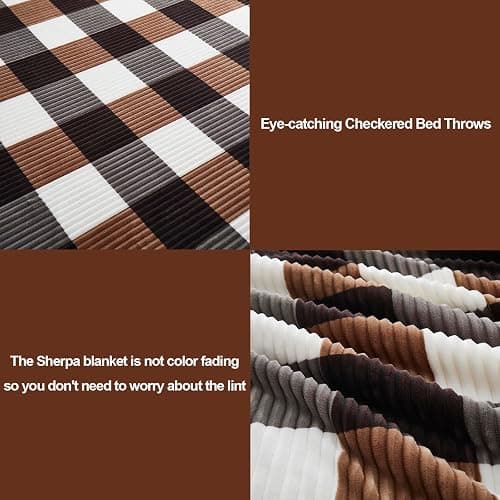 PU MEI Sherpa Blanket Twin Plaid Thick Bed Blanket, 60”*80” Super Soft Flannel Fuzzy Fleece Reversible Velvet Plush Warm Blanket for Couch(Brown-Check, 60"*80") thumbnail 4