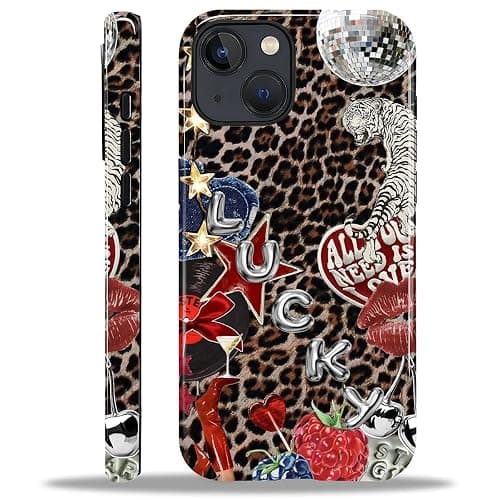 Compatible with iPhone 13 iPhone 14 Case - Dual-Layer Protection, Hard Shell with Silicone Interior,Slim Scratch Resistant Shockproof for Woman Men - Leopard Star Unique Collage - Image 1