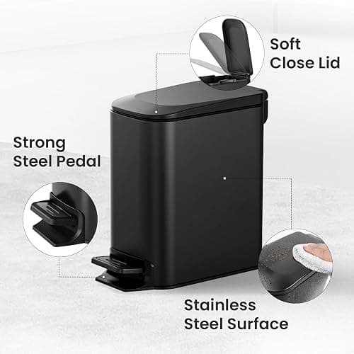 Cesun Small Bathroom Trash Can with Lid Soft Close, Step Pedal, 6 Liter / 1.6 Gallon Stainless Steel Garbage Can with Removable Inner Bucket, Anti-Fingerprint Finish (Matt Black) thumbnail 5