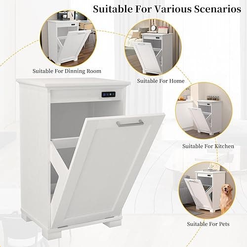 Ymise Tilt Out Trash Cabinet, 10-Gallon Trash Can Cabinet with Deodorising Function, Wooden Freestanding Garbage Can for Home and Kitchen Hidden Laundry Hamper, White thumbnail 6
