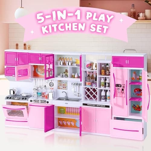 Mastom Kitchen Playset for Girls, Play Kitchen Toys for Dolls with Realistic Lights & Sounds, 56PCS Kids Pretend Play Kitchen Toy Accessories, Gifts for Toddlers Girls 3 4 5 6 Year Old thumbnail 5
