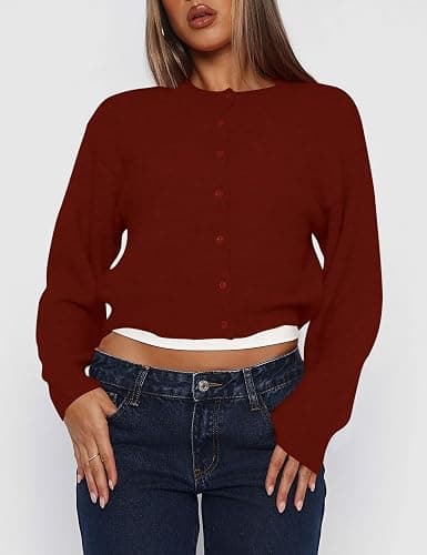 Kistore Womens Cropped Cardigan Sweaters Crew Neck Long Sleeve Button Up Sweaters Lightweight Knit Trendy Sweaters 2025 thumbnail 2
