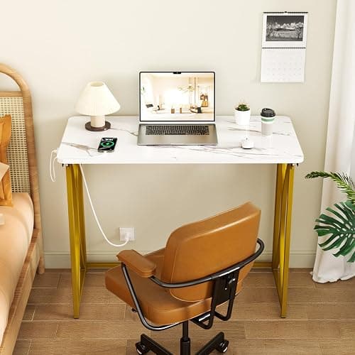 coeztt Folding Desk, 31.5" Small Desk for Bedroom with Power Outlet, Space Saving Foldable Computer Desk for Home Office, Easy Assembly, White and Gold thumbnail 4
