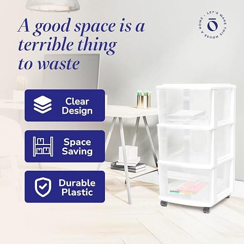 HOMZ Drawer Tower, 3-Tier Clear Plastic Storage Organizer Cart, White Frame - Heavy-Duty Organizing Drawers for Home, Bedroom, and Closet Organization thumbnail 6