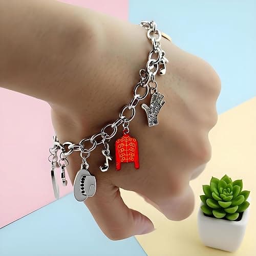 Music Inspired Charm Bracelet, Silver Chain with Red Jacket, Hat, Glove, BAD Charms, 7.29 Inch thumbnail 3