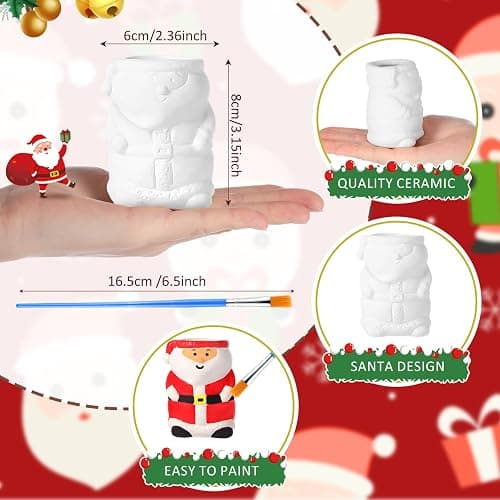 Pasimy 6 Set DIY Ceramic Succulent Planter Pots Paint Your Own Flower Pots Craft Kit Unpainted Bisque Paintable Flowerpot with Brush Palette Ready to Paint for Family Activity Gift(Santa) thumbnail 2