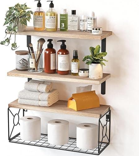 Pipishell Floating Shelves with Wire Strorage Basket, Paulownia Wood Bathroom Shelves for Home Organization & Wall Decor, Bathroom/Kitchen/Living Room/Office Shelves, Set of 3+1, Natural - Image 1
