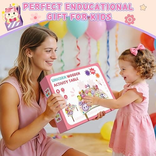 Hewaurorion Wooden Activity Table for Toddlers 1-3, Unicorn 10-in-1 Montessori Busy Board with Bead Maze Shape Matching Gears Clock, Sensory Learning Toys for 1 2 3 Year Old Girls Boys Birthday Gift thumbnail 7