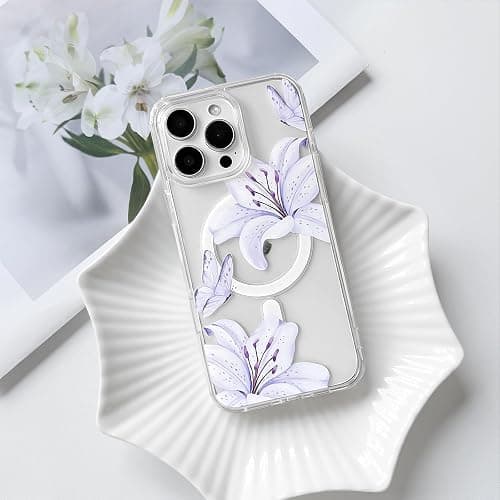 NITITOP Compatible with iPhone 16 Pro Max Case Clear Magnetic Compatible with MagSafe Cute Lily Flowers Floral for Women Girls Hard PC Back Shockproof Protective Phone Cover - Purple thumbnail 4