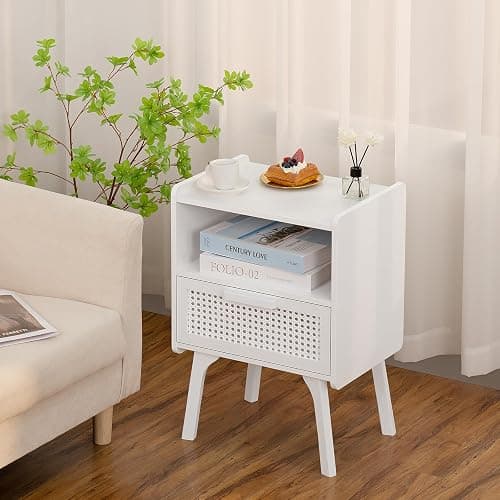 Lerliuo Rattan Nightstand, Side Table with Drawer Open Shelf, Cane Accent Bedside End Table with Solid Wood Legs, Mid Century Modern Night Stand for Bedroom, Dorm and Small Spaces (White) thumbnail 2