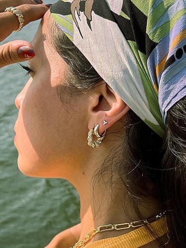 Chunky Gold Hoop Earrings for Women, 14k Gold Plated Thick Triple Hoop Earrings Hypoallergenic Trendy Chunky Gold Hoops Earrings Dainty Jewelry Gifts for Women thumbnail 5