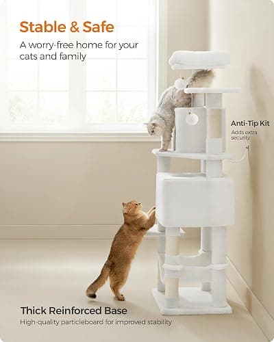Feandrea Cat Tree, 59.5-Inch Tall Cat Tower, Plush Multi-Level Condo with 5 Scratching Posts, 2 Perches, 2 Caves, Hammock, 2 Pompoms, Cream White UPCT192T01 thumbnail 6
