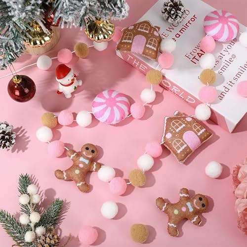 JarThenaAMCS 8.2Ft Christmas Felt Banner Cute Gingerbread Man Candy House Hanging Garland Pink Brown White Pom Ball Banner for Xmas Holiday Home Mantel Wall Decor thumbnail 2