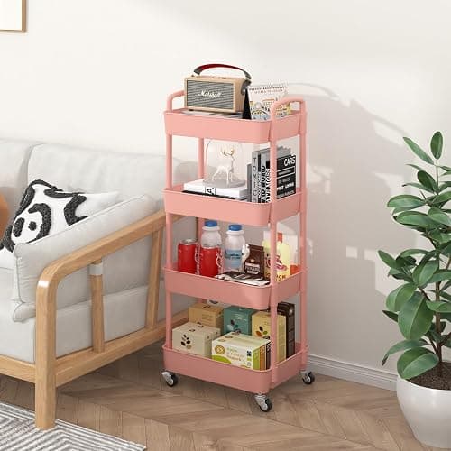 Sywhitta 4-Tier Plastic Rolling Utility Cart with Handle, Multi-Functional Storage Trolley for Office, Living Room, Kitchen, Movable Storage Organizer with Wheels, Pink thumbnail 6