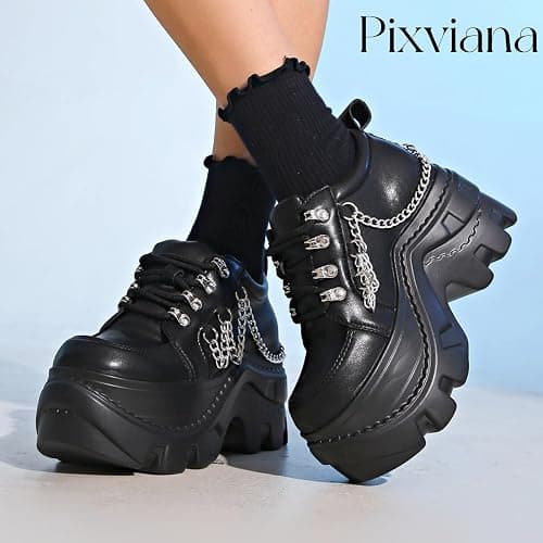 Pixviana Women's Platform Sneakers Fashion Wedge Chunky Black Casual Y2K Bride Wedding Sneaker Heels Platform Shoes for Women with Chains plataformas de Mujer Size 5.5-11 thumbnail 7