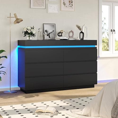 DICTAC Modern 6 Drawer Dresser with Sliding Desktop, Wide Chest of Drawers with Charging Station & LED Lights, Large Storage Tower Clothes Organizer, Black Dresser for Bedroom thumbnail 9