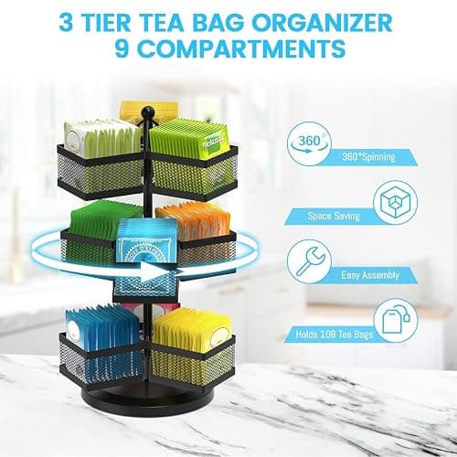 iDavosic.ly Metall Teebeutelhalter, Drehbar Teeboxen für Teebeutel Teebox Groß mit 9 Fächern, Teeregal Teebeutel Aufbewahrungsbox Tee Organizer für 108 Tea Bag (Schwarz) thumbnail 4