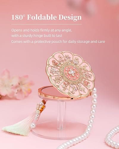 Imperblooms Twelve Flower Goddesses Compact Mirror, Mini Makeup Mirror with Small 2X Magnifying, Portable Double Sided Pocket Mirror for Purse, Pink Gifts for Women Girls thumbnail 7