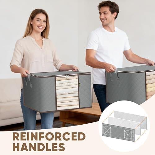 BALEINE 2 Pack Clothes Storage Bags, 16 Gallon Storage Containers with Reinforced Handle, Sturdy Zipper, Closet Organizer for Blanket, Comforter, Pillow, Bedding (Grey, 2 Pack) thumbnail 6