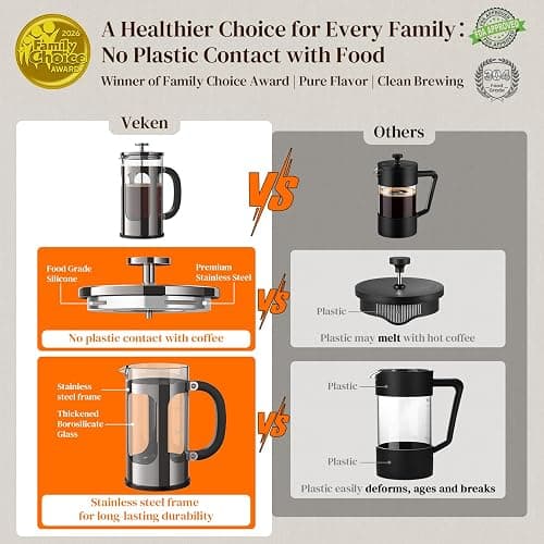 Veken French Press Coffee Maker 34oz, No Plastic Touching Cafe,Thickened Glass Stainless Steel Brewer, Cold Brew Cafetera Tea pot for Kitchen Travel Camping, Gifts, Decor, Bar Accessories, Dark Pewter thumbnail 2