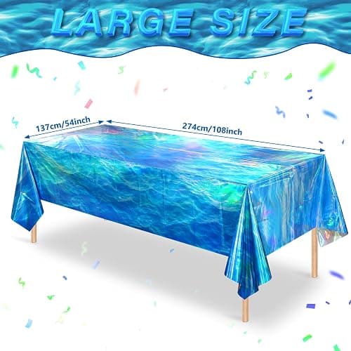 3 Pcs Iridescent Waves Tablecloths - Disposable Plastic Ocean Blue Table Cloth Rectangle Table Covers for Under the Sea Beach Surf Pool Party Birthday Party Decorations, 54 x 108 Inch thumbnail 3