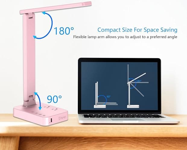 Drevet LED Desk Lamp, Desk Light with 1 USB Charging Port and 2 AC Power Outlet, 3 Lighting Modes, 3 Level Brightness,1H Timer, Touch Control, Eye-Caring Home Office Foldable Table Lamp (Pink) thumbnail 5
