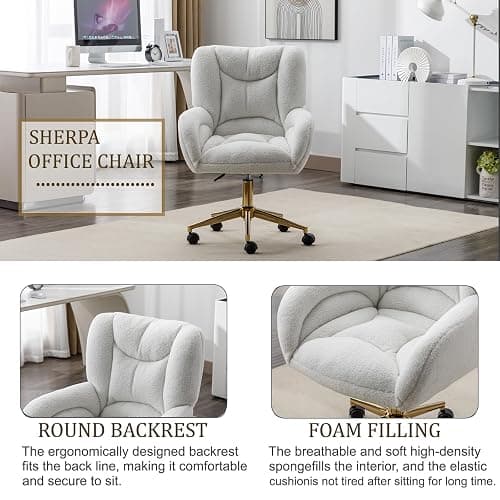Anewome Swivel Office Desk Chair with Wheels Upholstered Sherpa Desk Modern Armchair Height Adjustable Computer Task Chair Boucle Makeup Vanity Desk with Gold Metal Frame, 38.2" H White thumbnail 6